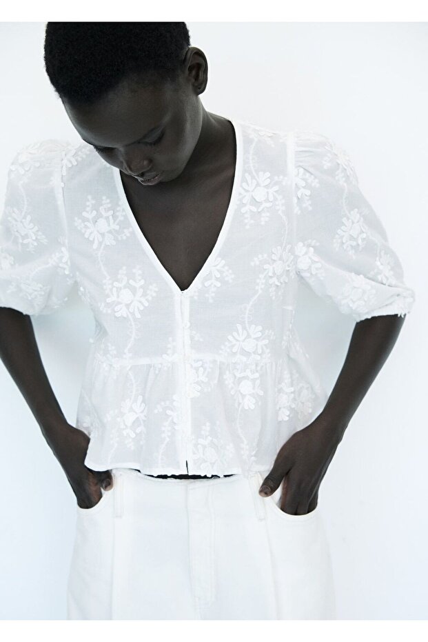 Çiçek işlemeli pamuklu bluz - 8