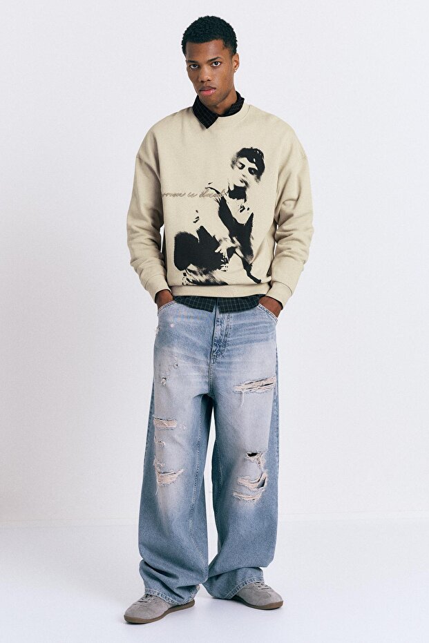 Grafik detaylı bisiklet yaka sweatshirt - 3