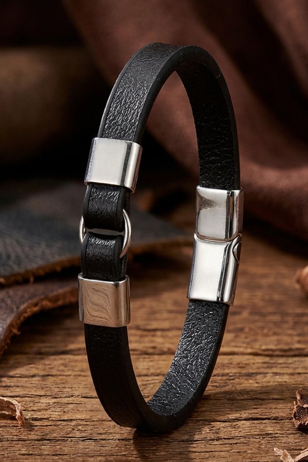 Men's Leather Bracelet Black Bukez Leather Bracelet with Steel Ring Detail