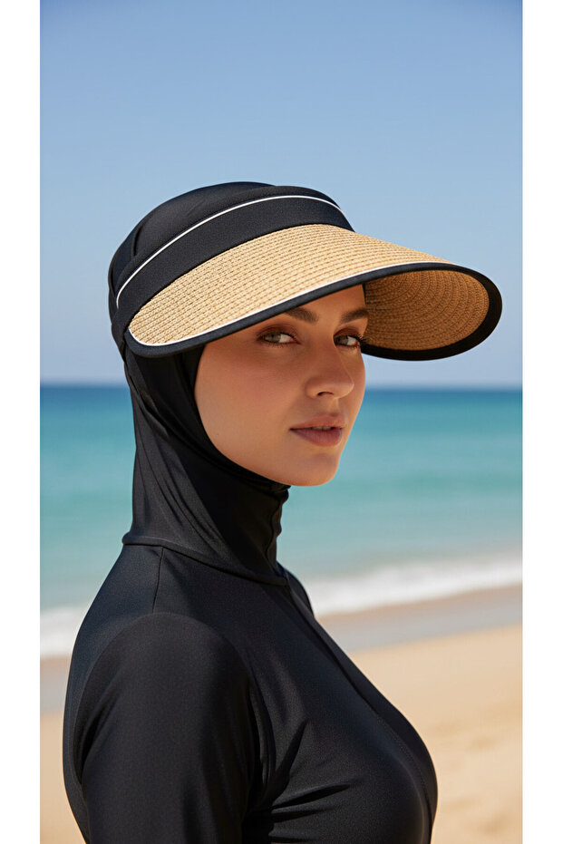 قبعة من القش مع حاجب شمسي مرن قابل للتعديل - 2