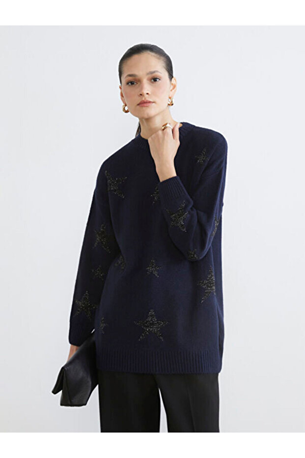 Esvab • Modern & Distinctive Zero Roba Collar Star Embroidered Women's Knitwear Tunic