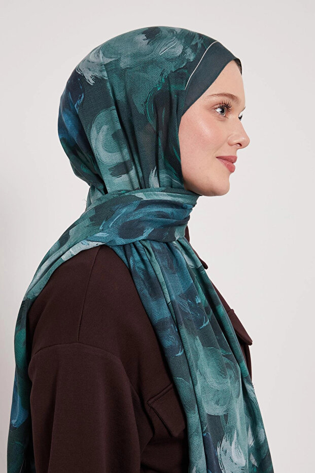 شال حرير منقوش - تركواز غامق - 3