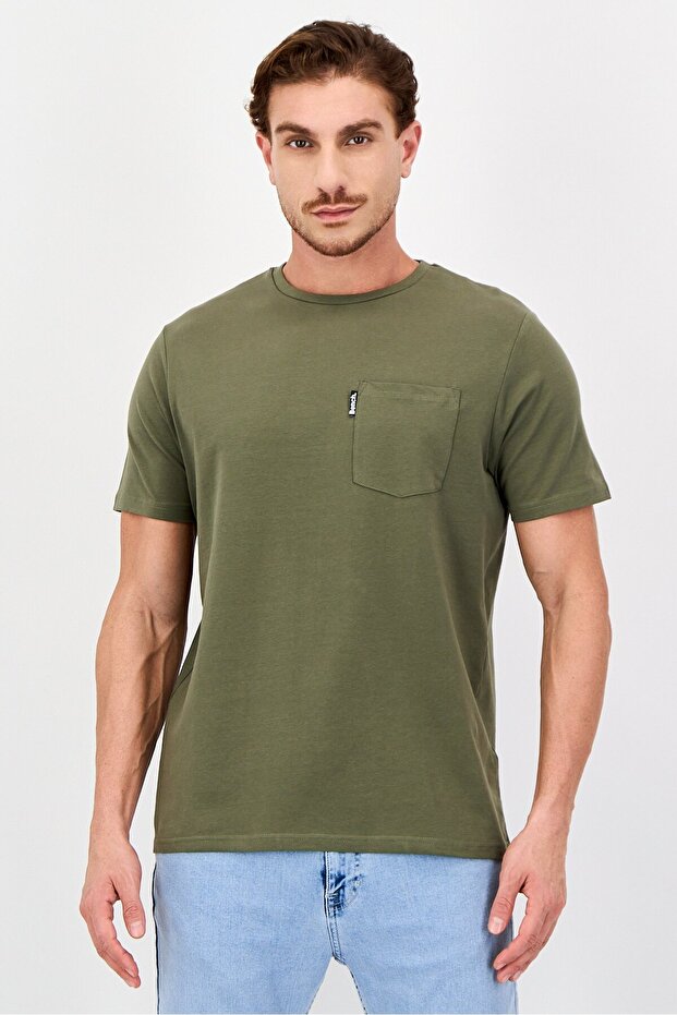 Men Crew Neck Short Sleeve Brand Logo T-Shirt, Olive