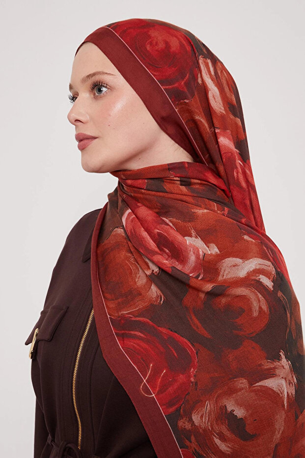 شال حرير منقوش - أحمر ياقوتي - 3