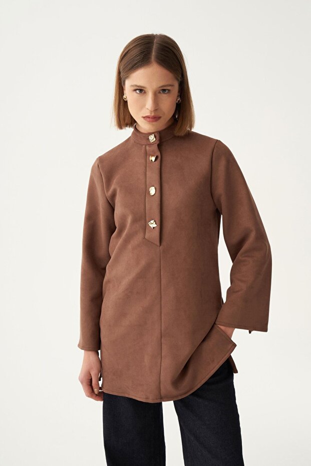 Coffee-Gold Buttoned Suede Tunic - 1