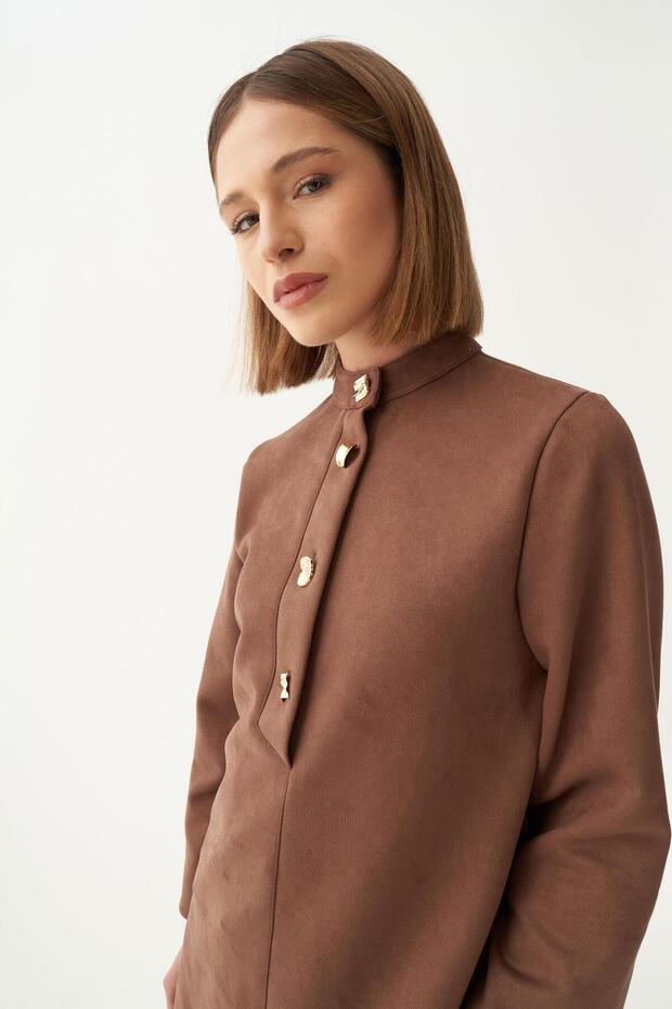 Coffee-Gold Buttoned Suede Tunic - 5