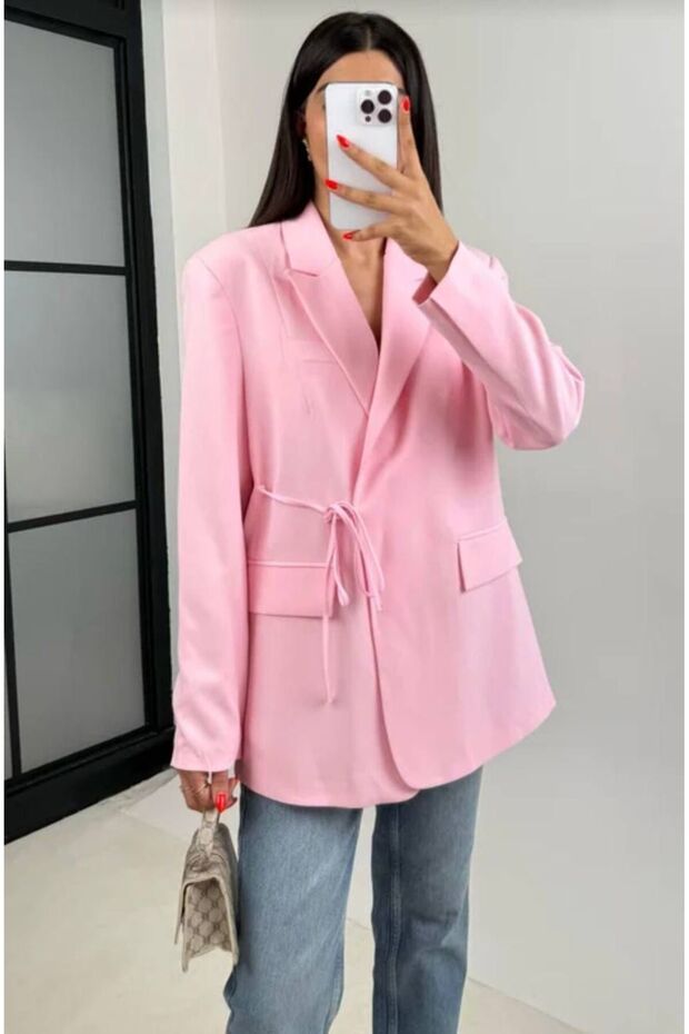 Women's Pink Side-Tie Blazer Jacket with Ornamental Pockets