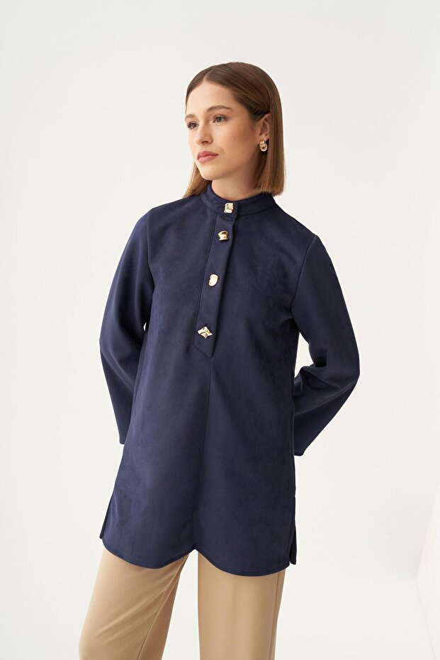 Indigo-Gold Buttoned Scuba Suede Tunic