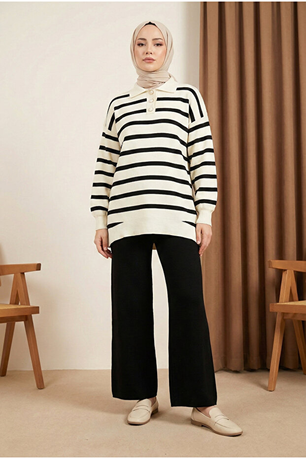 Polo Collar Striped Knitwear Tunic Trousers Set - Black