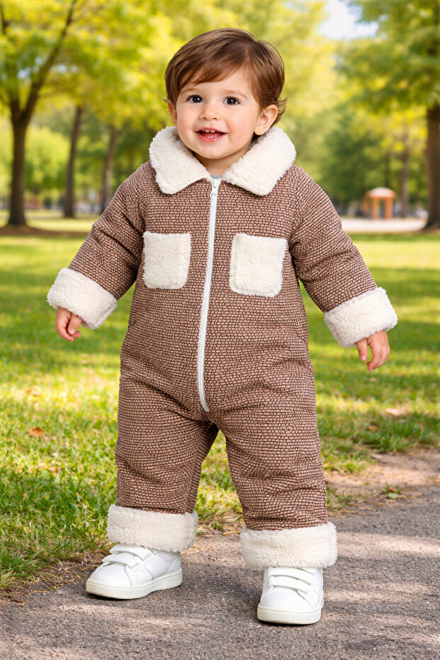 Winter Sweet Plush Collared Zippered Winter Baby Jumpsuit