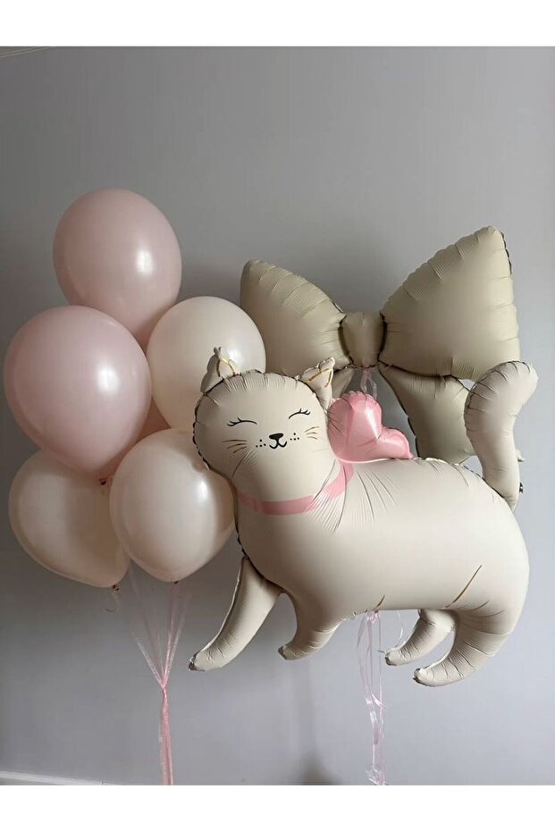 Cream Bow and Cat Foil Balloon Set of 12