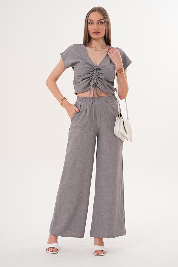 Women's Drawstring Detailed Blouse and Pants Set - 260011