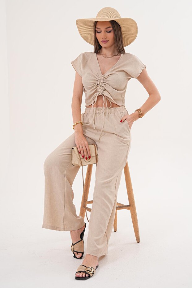 Women's Drawstring Detailed Blouse and Pants Set - 260011