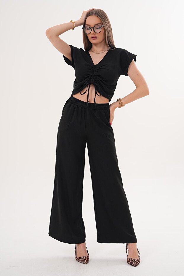 Women's Drawstring Detailed Blouse and Pants Set - 260011