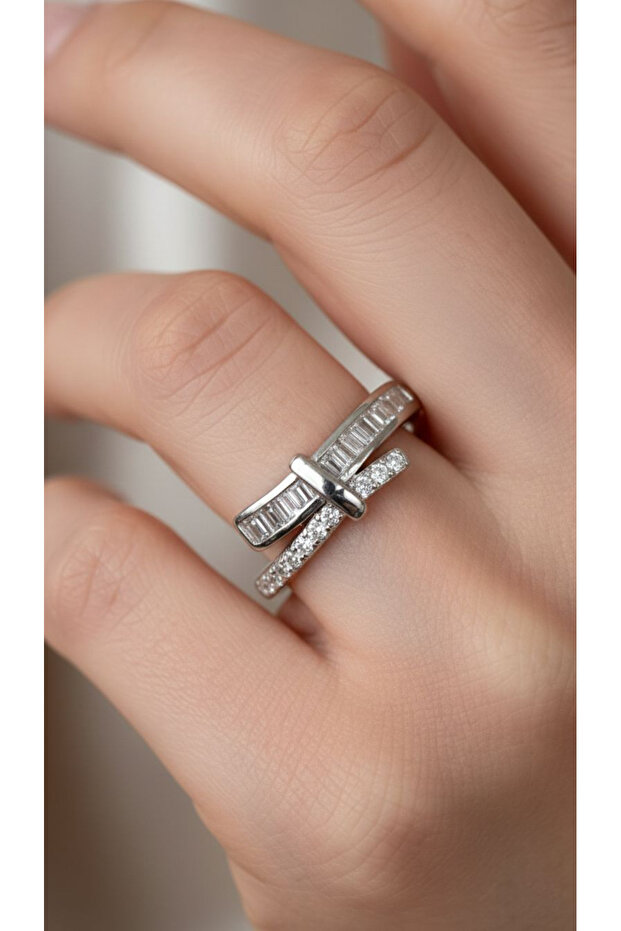Adjustable Silver Color Steel Design Ring with Baguette and Zircon Stones