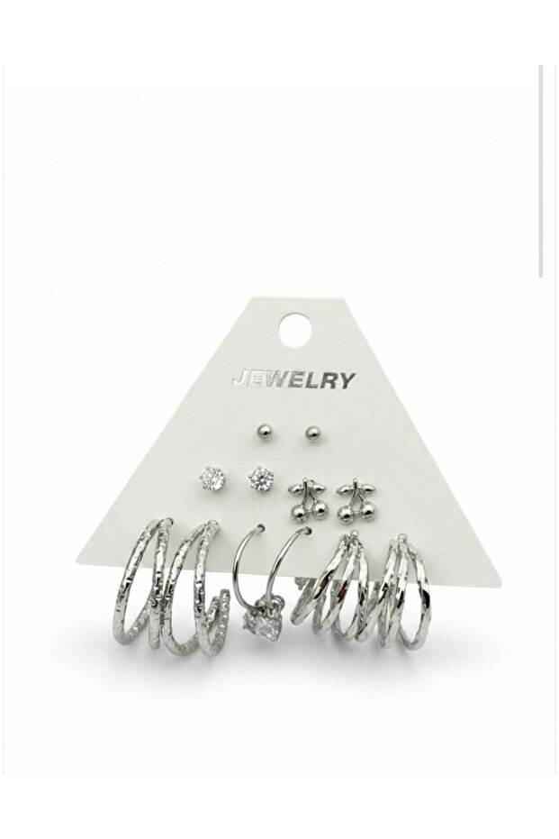 Silver Color 12 Pcs (6 Pairs) Stainless Steel Earring Set 13