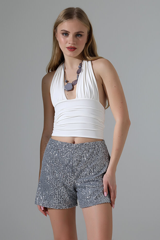 Kadın Beli Lastikli Payetli Şort - 1