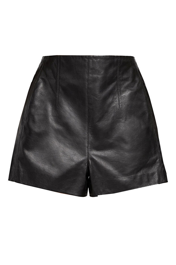 Siyah Kadın Hakiki Deri Şort - 5