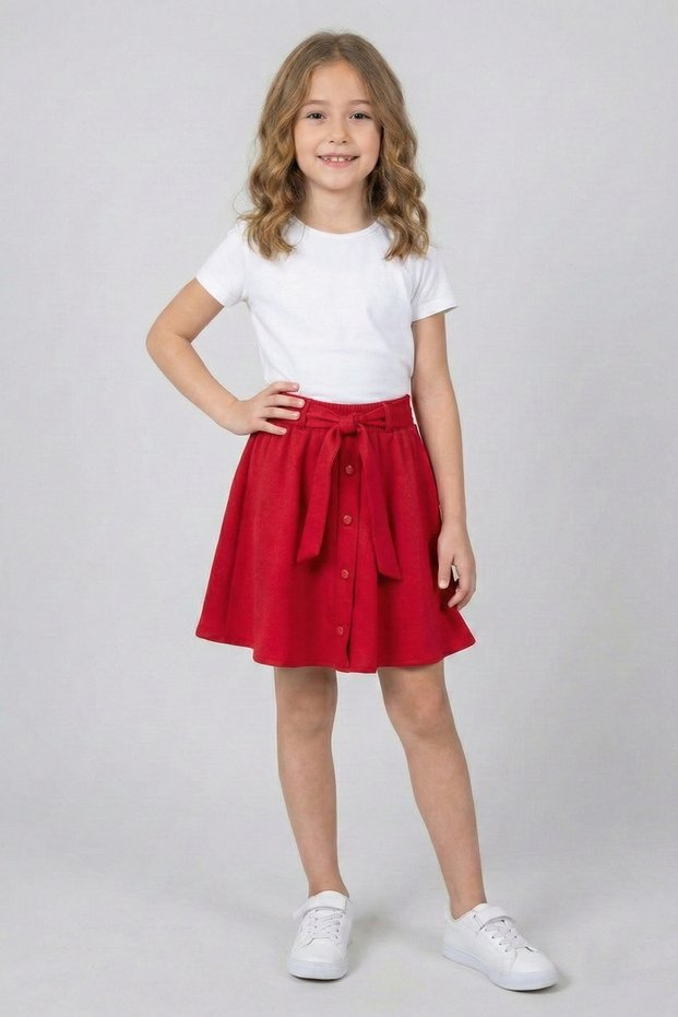 Girl's Red Button Detailed Waist-Tie Bow Flared Skirt April 23 October 29 Show Skirt