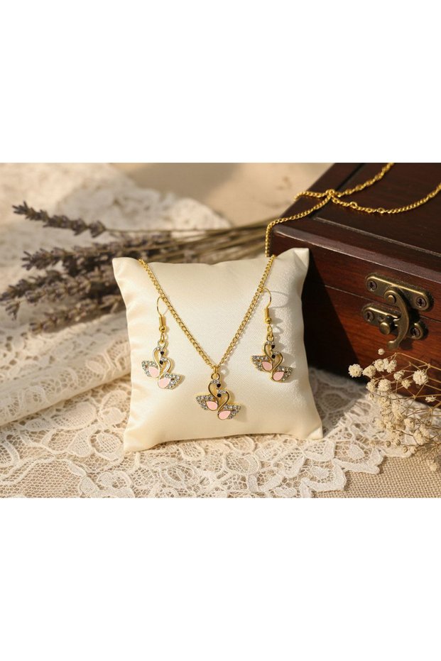 2-Piece Gold Color Zircon Stone Peacock Model Jewelry Set - 60 cm Necklace Earring Set