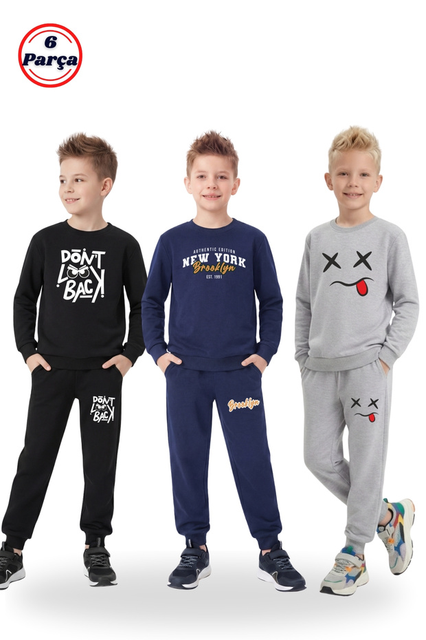 Boys' 6-Piece 3-Piece Tracksuit Set – Various Prints, Crew Neck, Sportswear