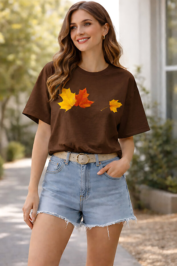 Autumn Leaf Printed Cotton Relaxed Fit Round Neck Unisex T-Shirt