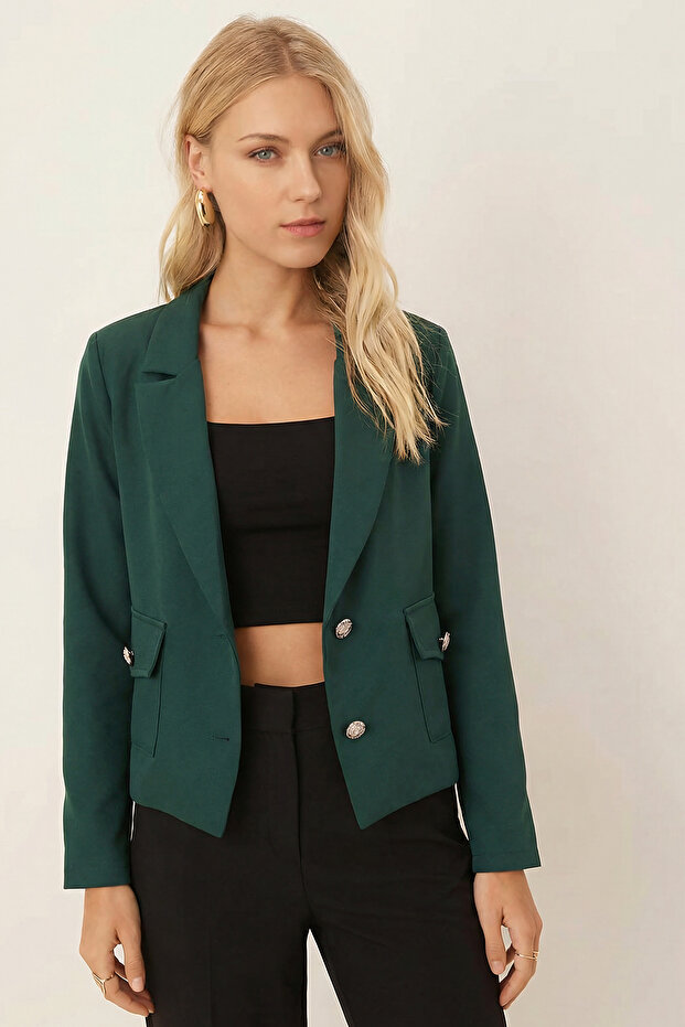 Women's Emerald Men's Collar Square Pocket Crop Jacket Arm-26K001026