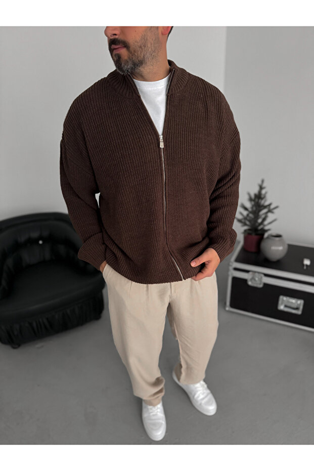 Kahve Fermuarlı Triko Örme Hırka JJ-181 - 1