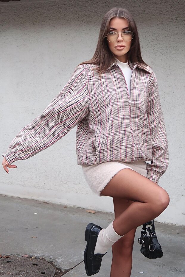 Plaid Short Coat Zippered Shirt Collar 7113