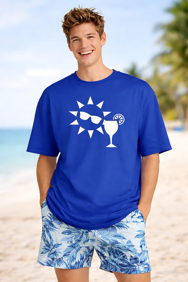 Sun and Goblet Printed Summer Themed Cotton Relaxed Fit Round Neck Unisex T-Shirt