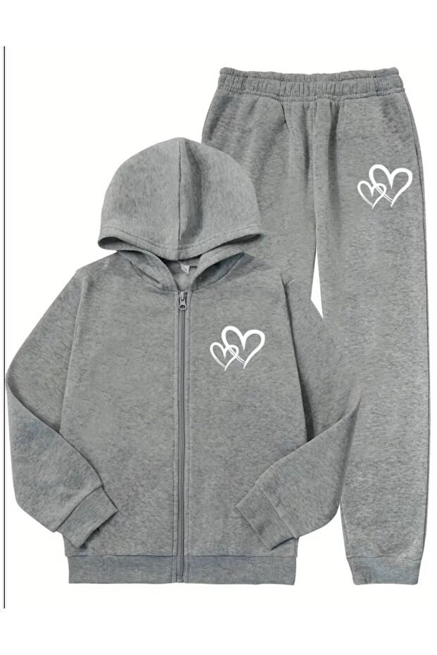 Hooded Zippered Double Heart Printed Embossed Sweatshirt Cardigan-Sweatpants Set