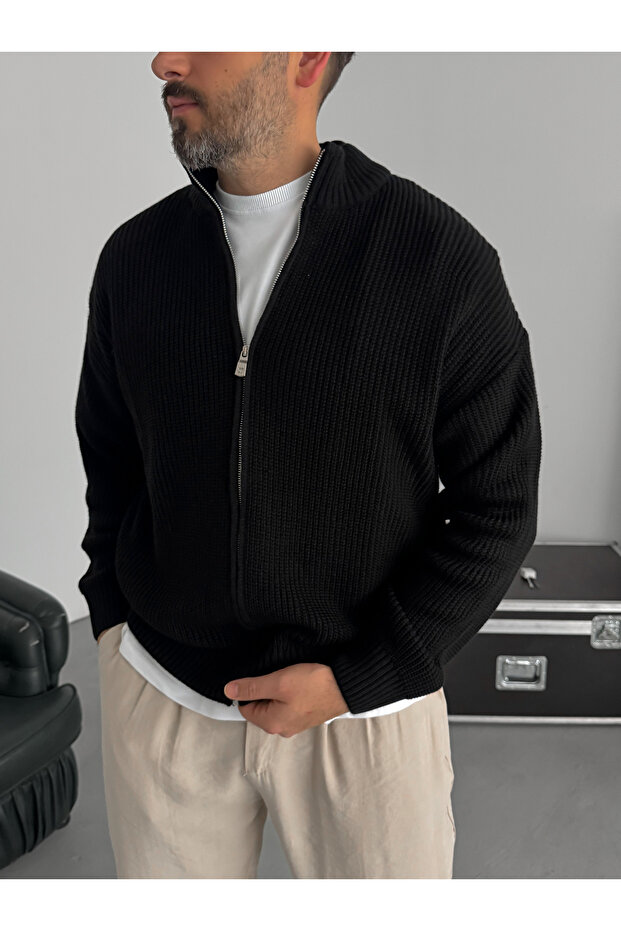 Siyah Fermuarlı Triko Örme Hırka JJ-181 - 3