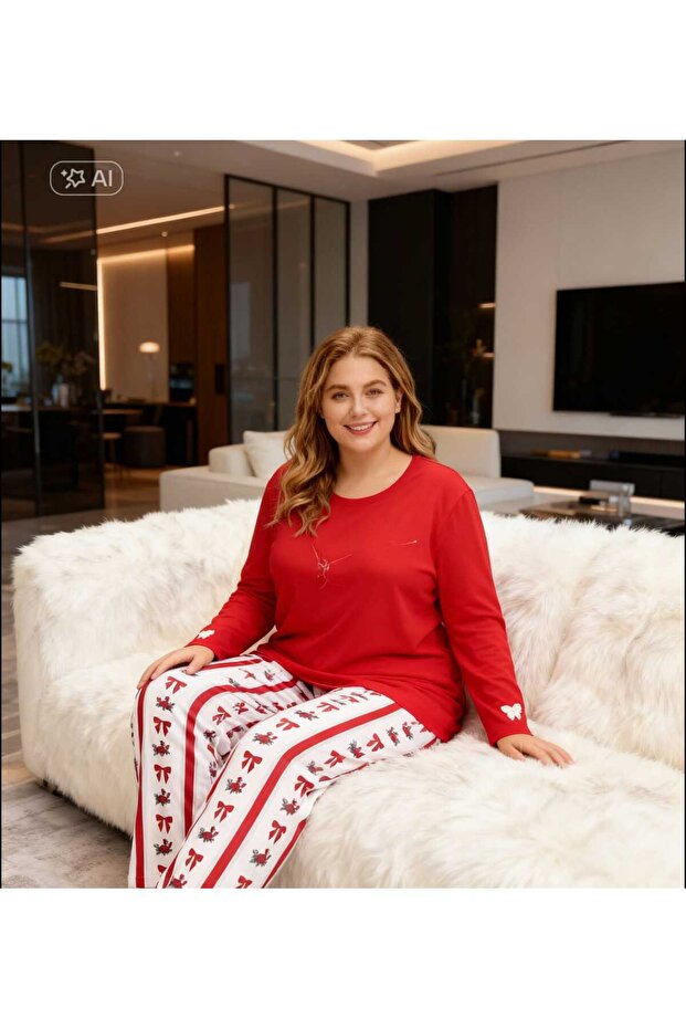Red Bowknot Printed Battal Size Women's Pajama Set Flexible Fabric Cotton 3XL -5Xl Large Size