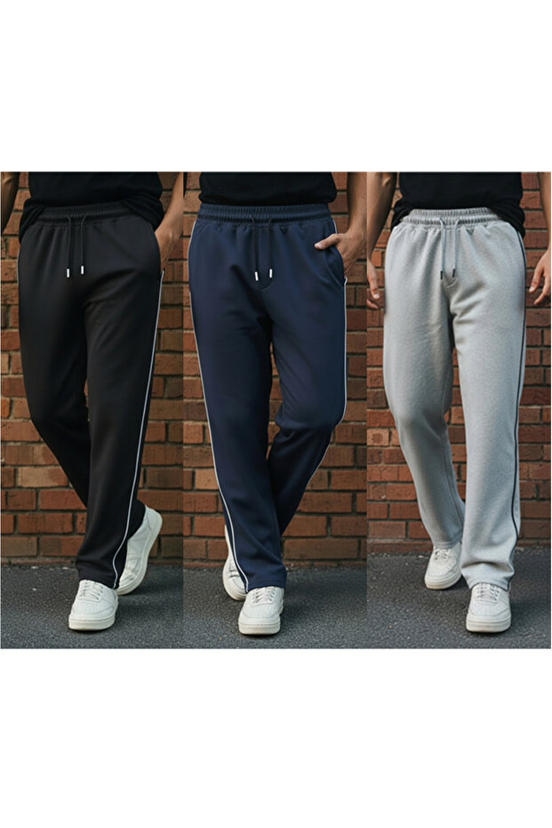 3-Piece Baggy Sweatpants – 2 Yarns, Elastic Waist, Wide Legs, Black | Gray | Navy Blue