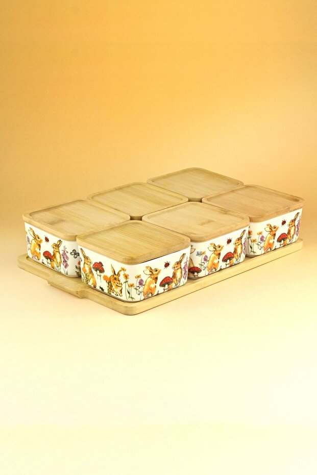 Retro Rabbit 6-Piece Porcelain Breakfast Set with Bamboo Lids