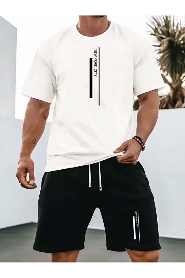 Unisex Oversize Shorts Set Bottom-Top Two-Piece Casual Line Nwyr City Printed Shorts Set