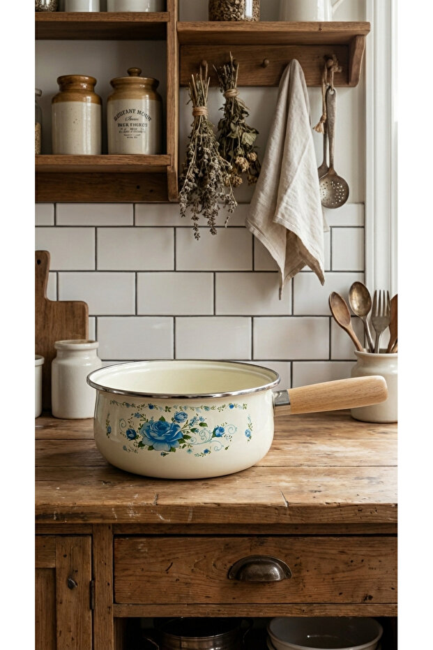 Blue Floral Patterned Enamel Sauce Bowl, Milk Bowl with Wooden Handle - 16cm