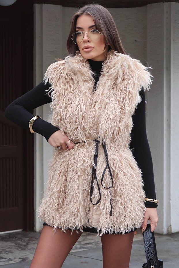 Teddy plush fur vest with waist tie 5192