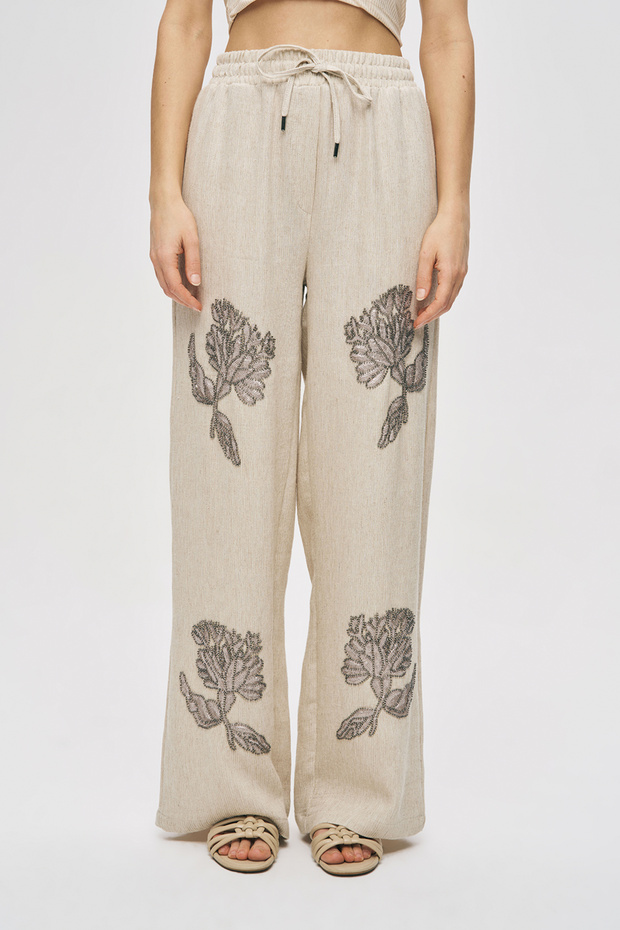 Women's Flora Natur Embroidered Linen Blend Trousers