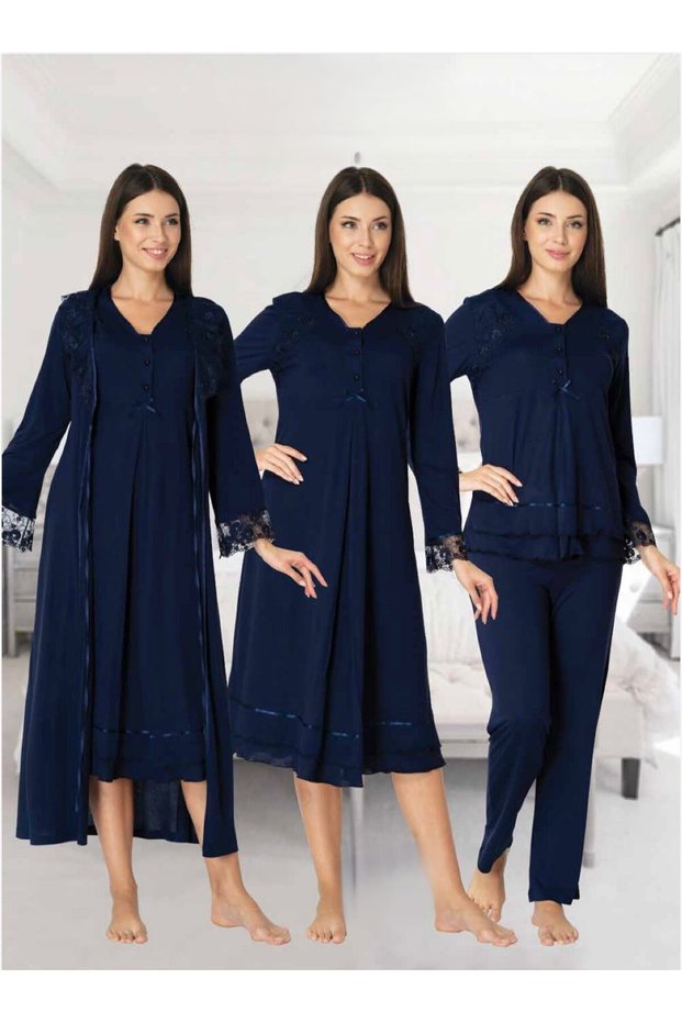 Women's Navy Blue Lace Stylish Long Sleeve Design Dressing Gown Nightgown Pajama Set Set(Effort)