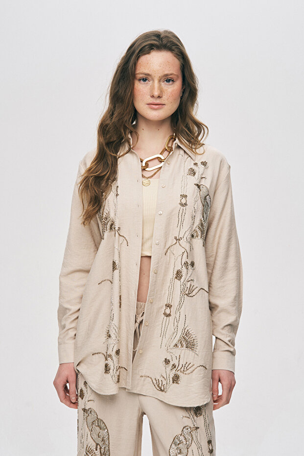 Women's Oriental Bird and Floral Beaded Oversized Shirt