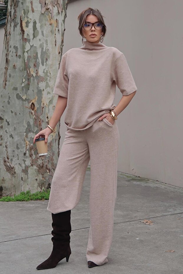Knitwear Set Half Turtleneck Wide Leg Pants 10303