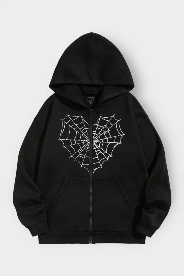 Printed Oversize Zippered Black Hooded Cardigan