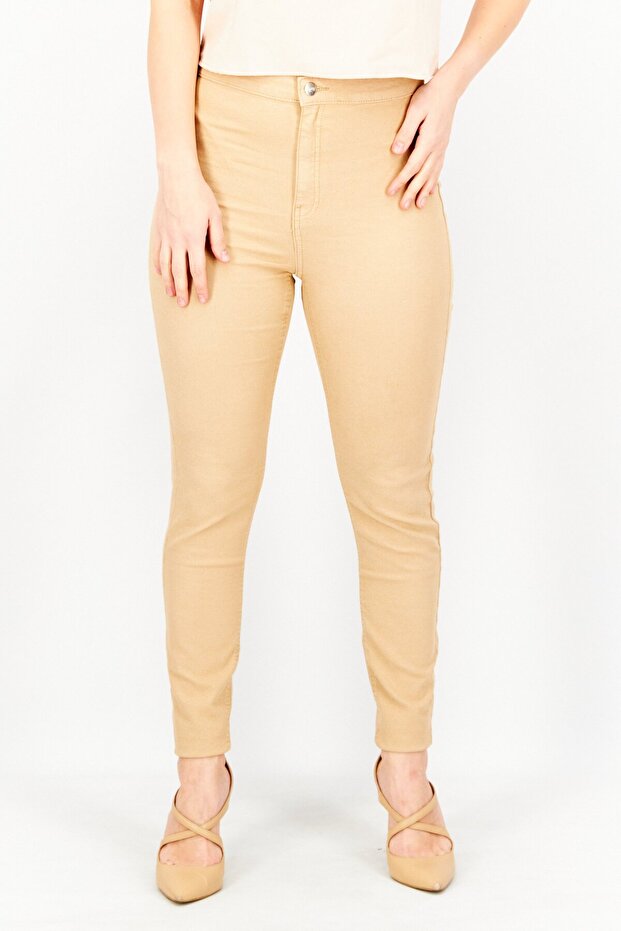 Women Skinny Fit Plain Pants, Tan