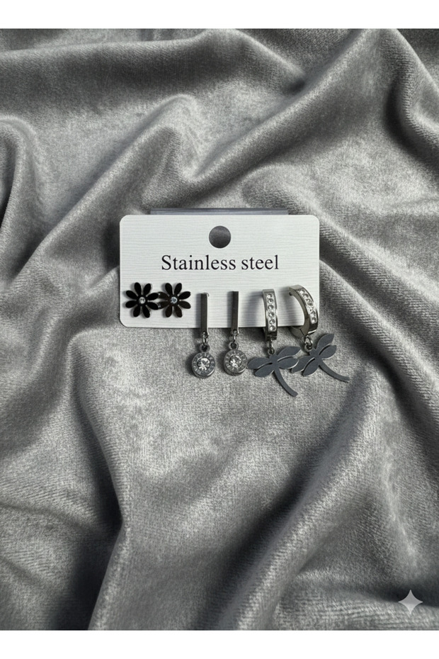 Silver Color Steel 6-Piece Earring Set - Combination Earrings with Daisy, Baguette Stone, and Dragonfly Figures