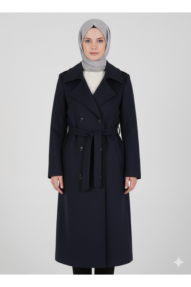 Women's Navy Blue Belted Long Cashmere Coat – Double-Breasted Collar with Buttons, Hijab Compatible
