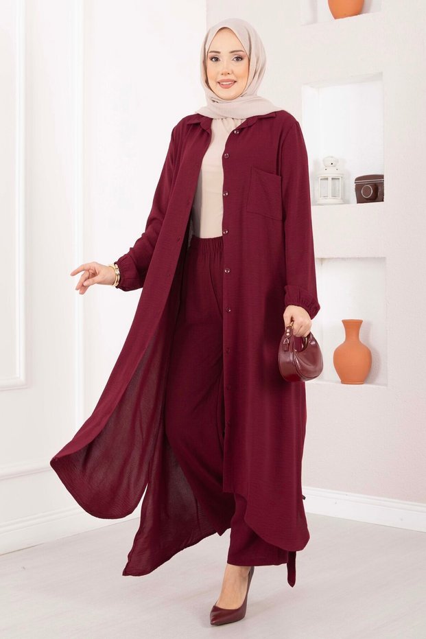 Buttoned Aerobin Hijab Double Set Burgundy