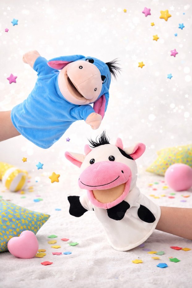 Set of 2 Donkey and Cow Plush Hand Puppets – Educational Puppets with Moving Mouths