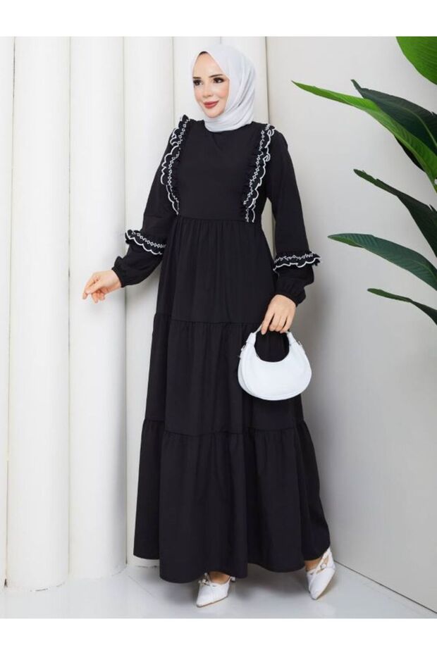 Poplin ruffle and embroidery detail modest dress