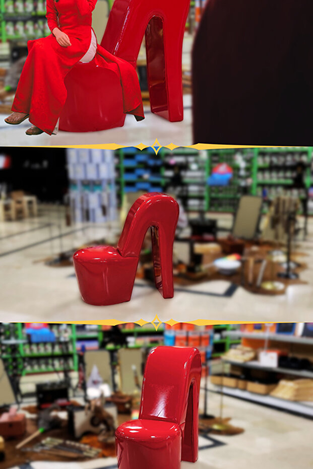 Dekoratif Ayakkabı Koltuk, Özel Üretim El Yapımı Topuklu Ayakkabı Koltuk, Rugan Suni Deri Kırmızı - 2